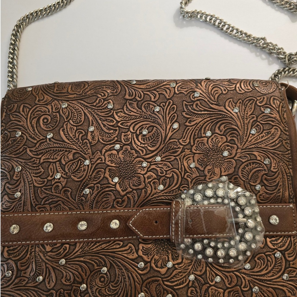 Western Embossed Buckle Crossbody Bag Bronze Brown Chain Strap w/ rhinestones - Picture 3 of 14